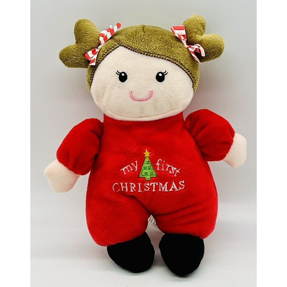 Baby Starters Red Doll Brunette My First Christmas Plush‎ 9 inch Rattle Stuffed